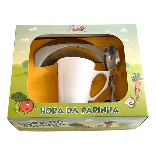 Kit Refeição Infantil Prato + Colher Inox + Caneca 250 Ml
