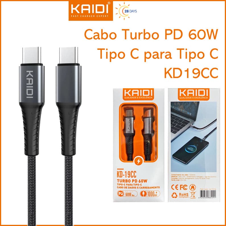 Cabo para Celular de Dados e Carregamento Turbo PD 60W Tipo C para Tipo C KAIDI KD-19CC