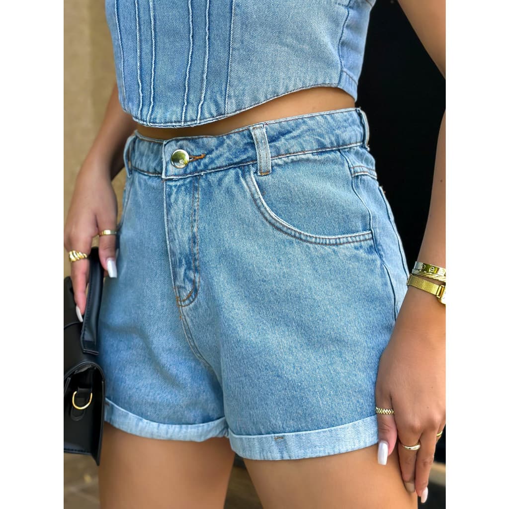 Janejeans 8002 Shorts jeans Moda Verão Moda Feminina lisa sem rascada com bolsa