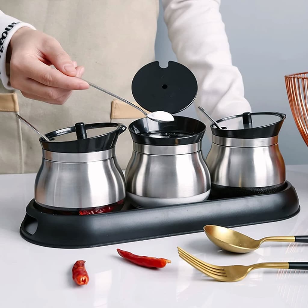 Kit Porta Condimento 3 Potes Com Colher Guardar Sal Pimenta