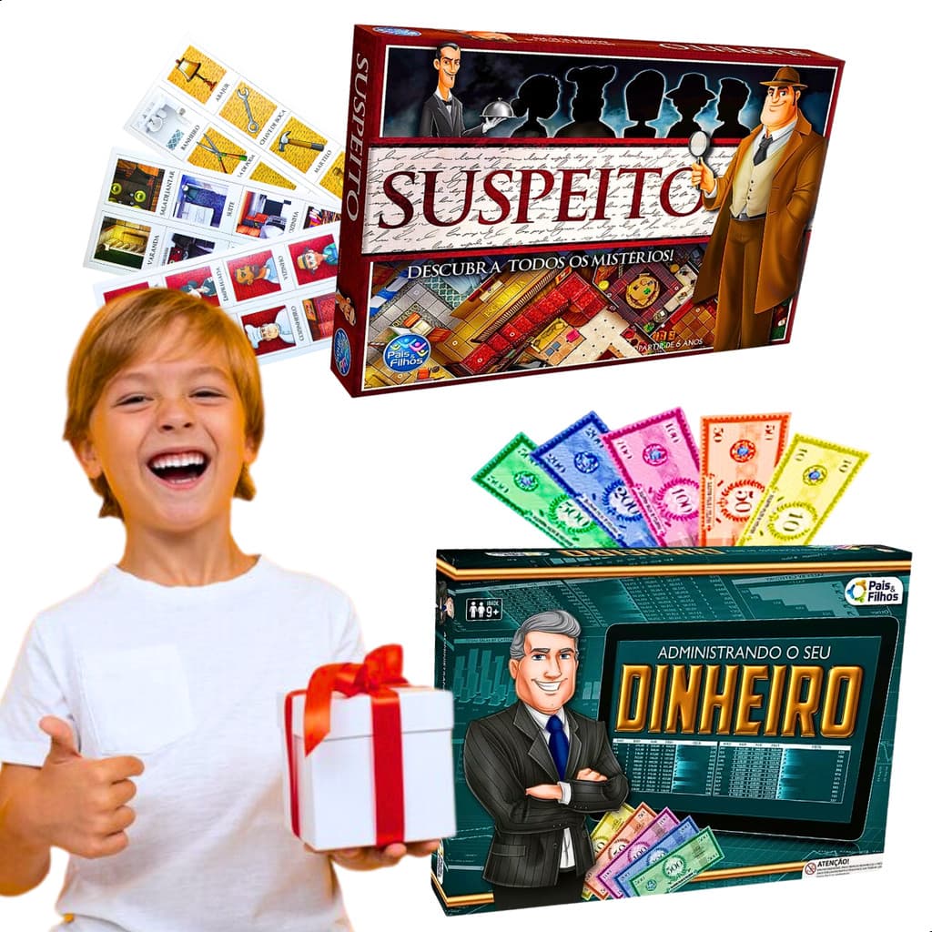 Kit 2 brinquedos educativos jogos infantis administrando o seu dinheiro educação financeira + jogo suspeito resolva todos os mistérios suspense jogos de tabuleiro escolar familia menina menino 8 anos presente dia das crianças