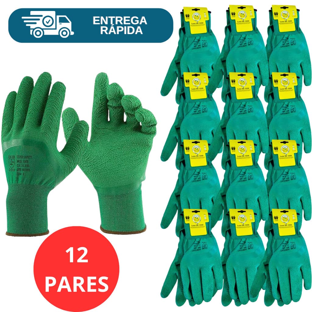 Kit 12 Prs Luva Revestida Látex Corrugado Verde SS 1009  Banhada Coleta Jardinagem Reciclagem Epi