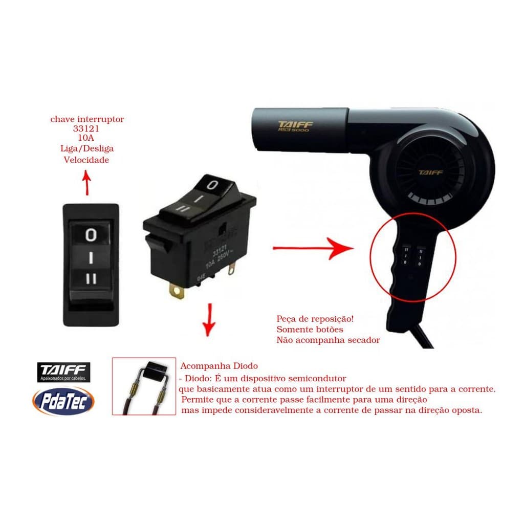 Kit 2 Chave Interruptor para Secador De Cabelo Taiff RS3 33121