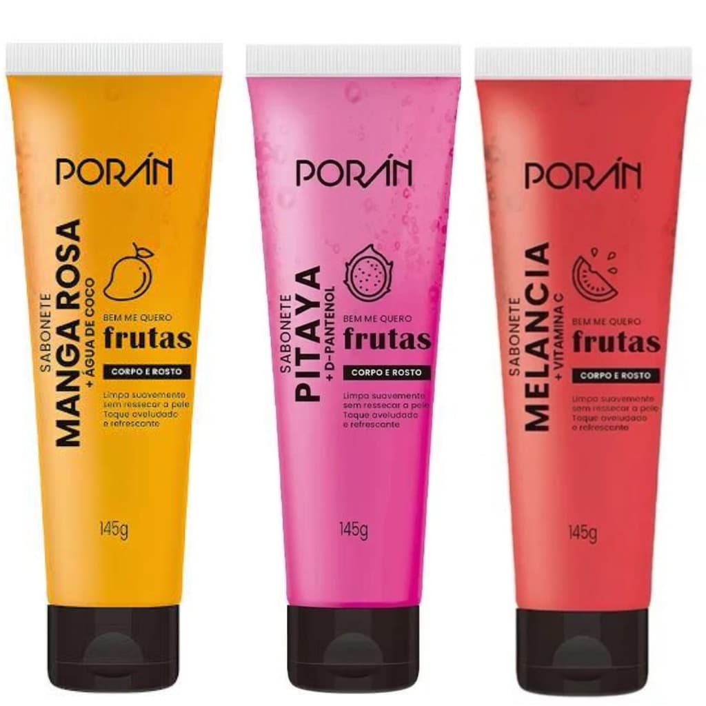 KIT 3 SABONETES CORPO E ROSTO 145G PORAN MANGA ROSA, PITAYA, MELANCIA