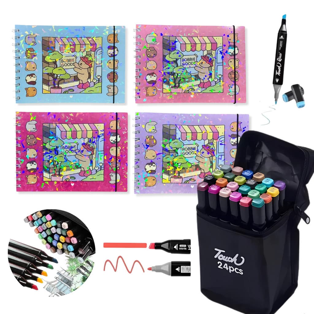 Kit Canetinha + Caderno De Pintura De Desenho Estojo C/ 24 Canetinha Ponta Dupla Marcadoras Coloridas