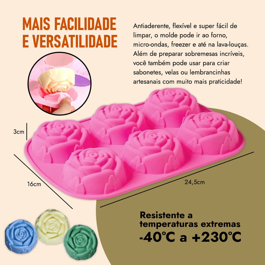 Kit 3 Molde de Silicone para Sabão Sabonete Caseiro Artesanal Premium Formato Flor Rosa