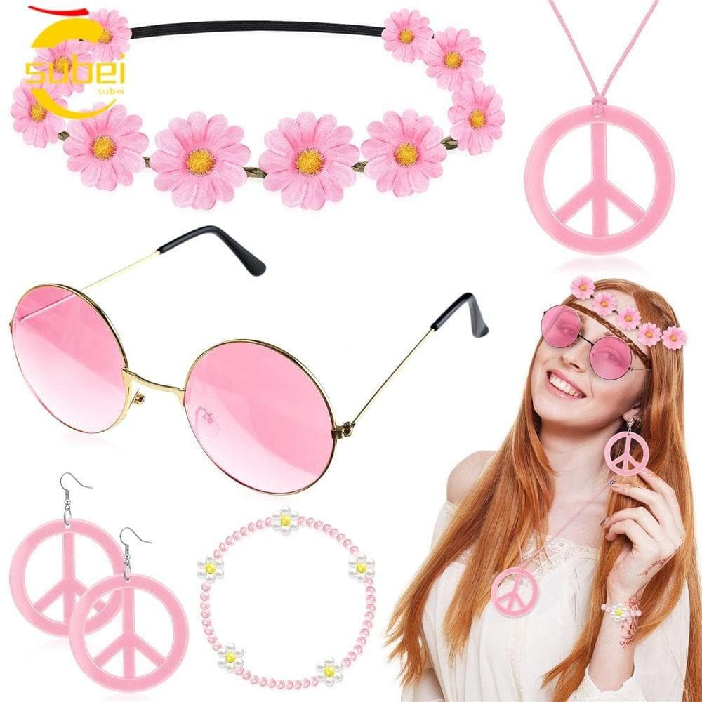 Conjunto De Fantasia Hippie Feminina SUBEI , Acessórios Estilo Boho Dos Anos 60 E 70