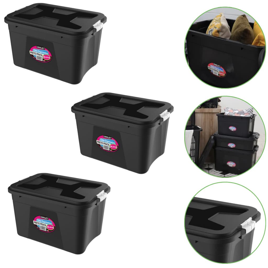 Kit 3 Caixas Organizadoras 56 Litros Com Travas Cor Preta