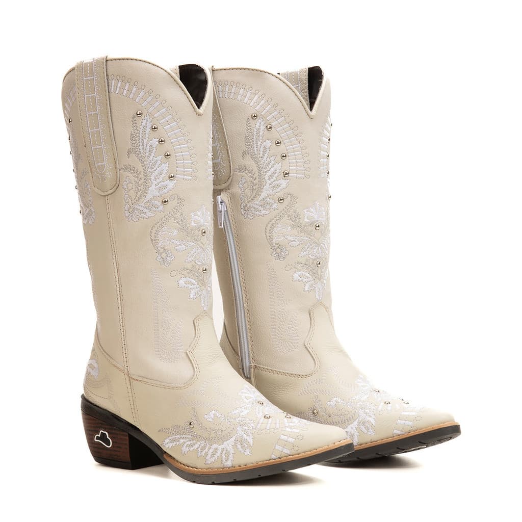 BOTA TEXANA FEMININA BORDADA LATEGO GELO/ECO GELO COUNTRY COURO COWBOY LONGO REF 6216
