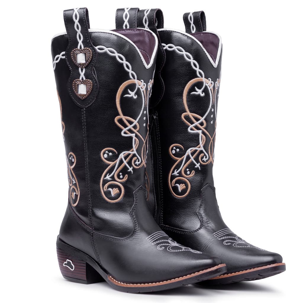 Bota Texana Couro Legítimo Feminina Country Cores Bordada Western Mustang Alta Qualidade e Conforto