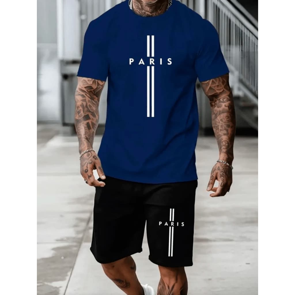 Kit Camiseta Masculina 100% Algodão + Bermuda Moletom Lançamento Estampada PARIS II  Confortavel Diversas cores Unissex