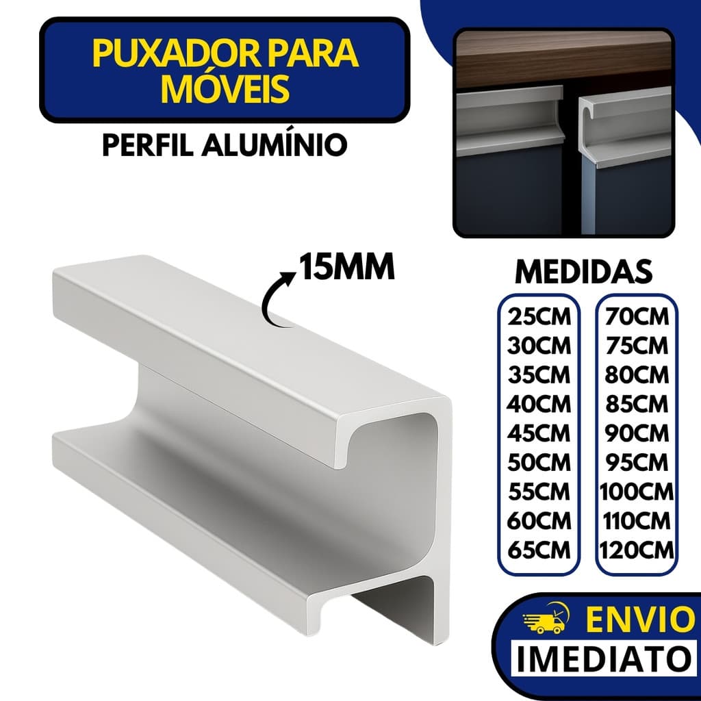 Puxador Perfil De Aluminínio Anodizado Para Móveis 15mm Gaveta Armário Varios Tamanhos