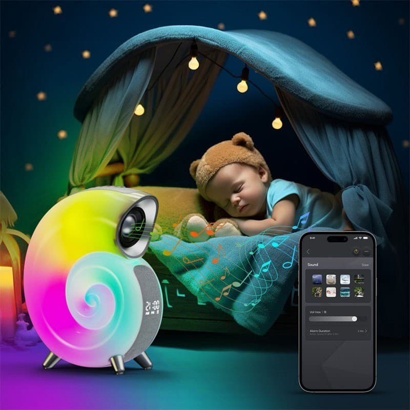 Som em formato de Concha LED Speaker Bluetooth Luz Atmosfera RGB Despertador, Subwoofer Caracol