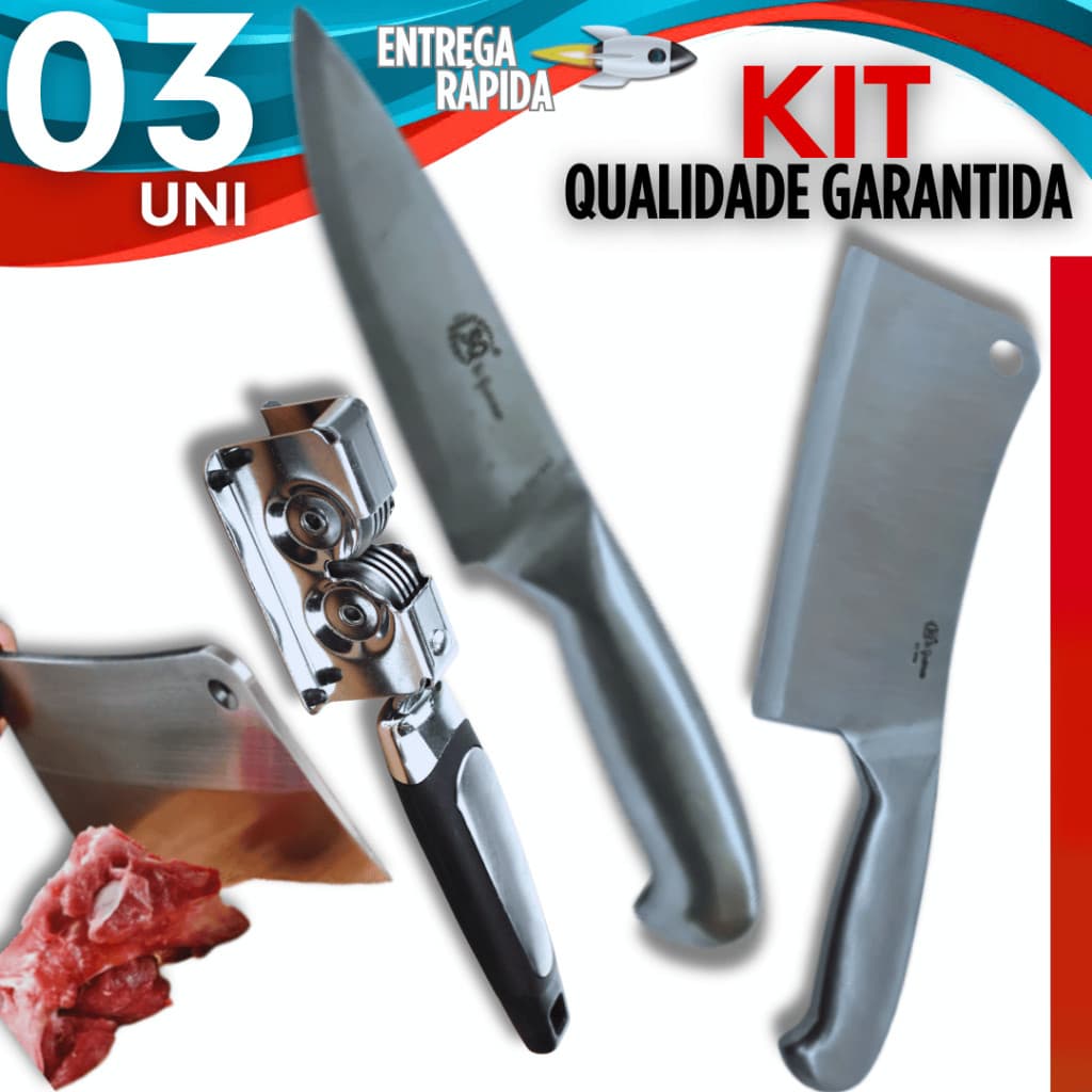 Kit Especial Facas Faca Peixeira 7' + Cutelo 6' + Amolador Afiador Inox Melhores Facas Açougue Chef