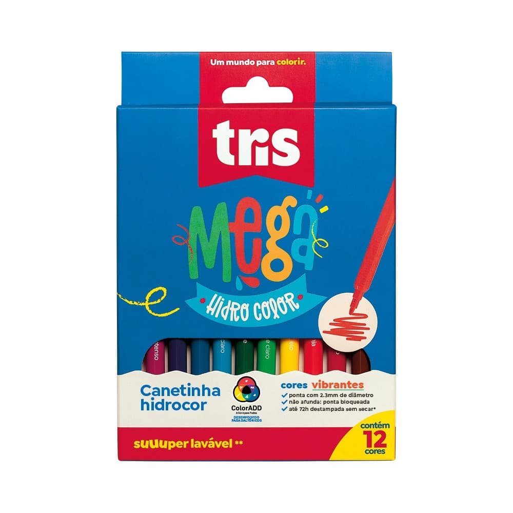 Canetinha Mega Hidrocolor 12 Cores - Tris