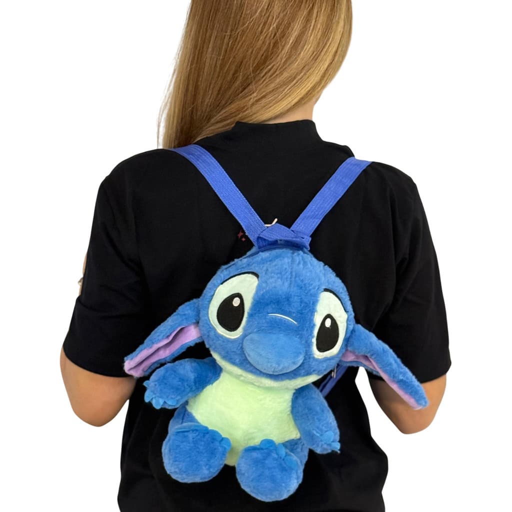 Bolsa Pelúcia Mochila Stitch com Alça Ajustável Escolar Infantil