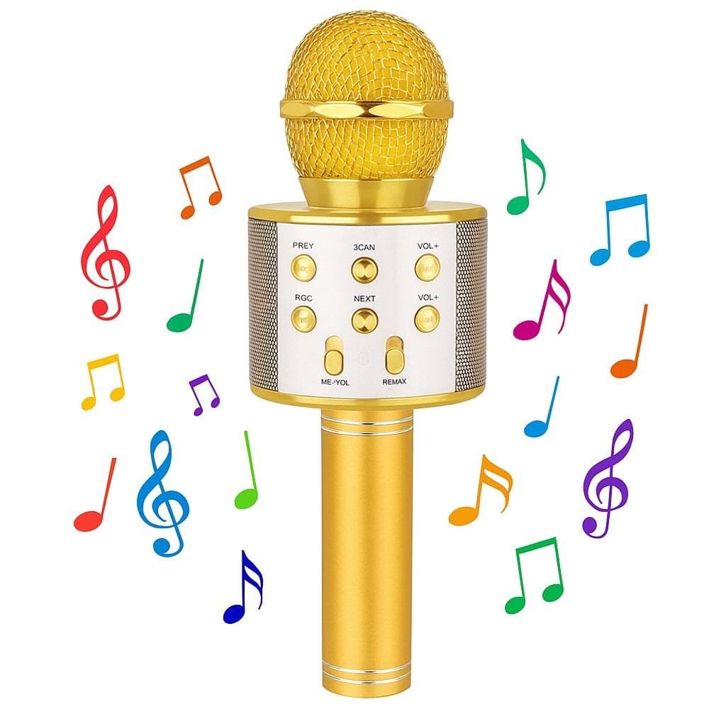MICROFONE KARAOKE BLUETOOTH SEM FIO INFANTIL ALTO FALANTE PORTATIL DOURADO