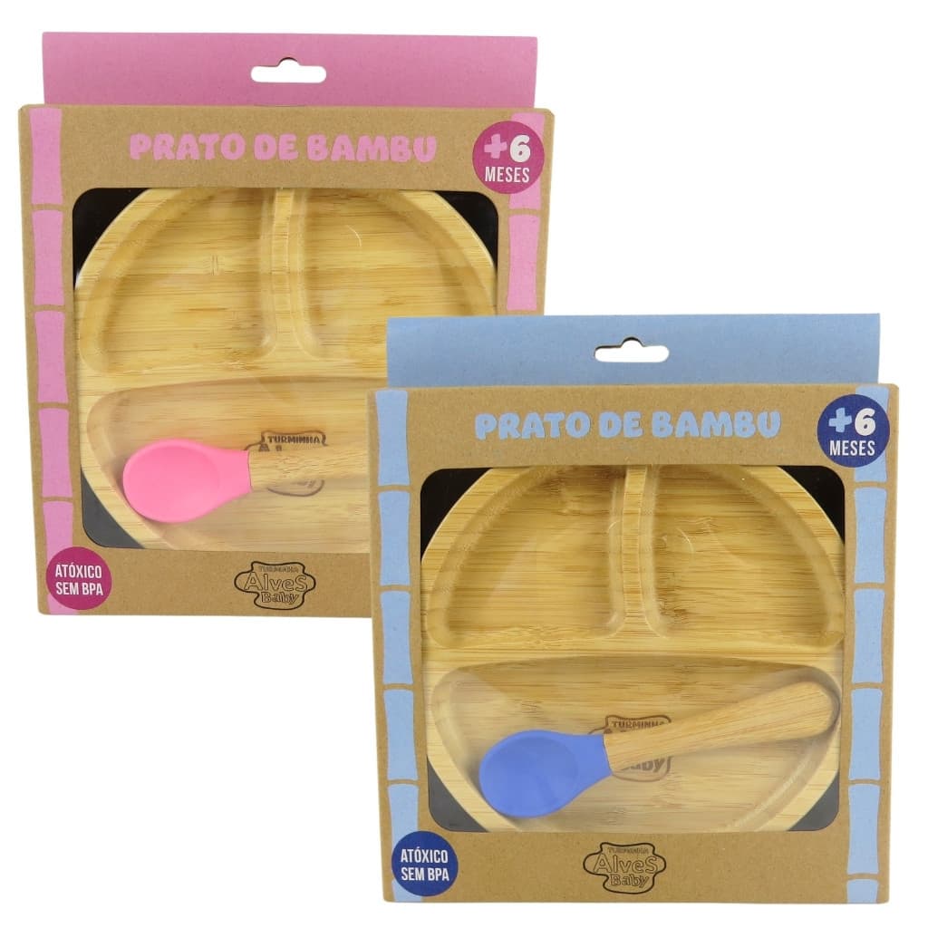Pratinho Infantil de Bambu Turminha Alves Baby Azul e Rosa com Ventosa