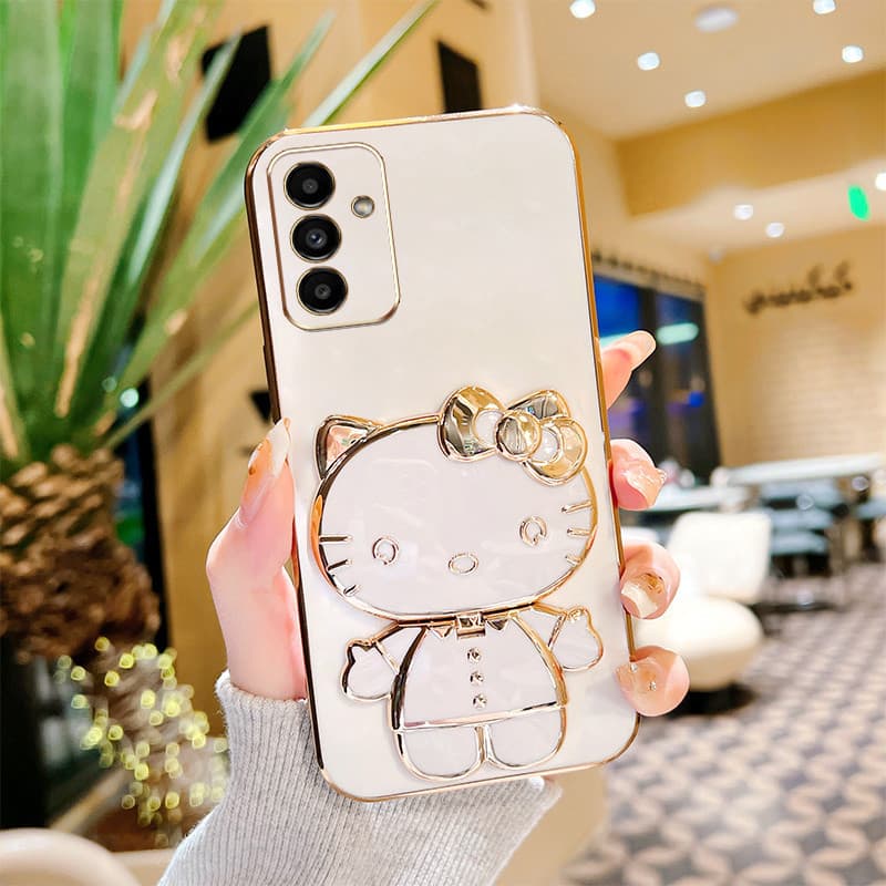 Capa Para Samsung Galaxy A55 A35 A25 A54 A34 A16 5G A15 A14 A13 4G 5G A24 A04S 4G Fofo 3D Gatinho Gato Espelho Suporte Silicone Anti-Queda Protetora