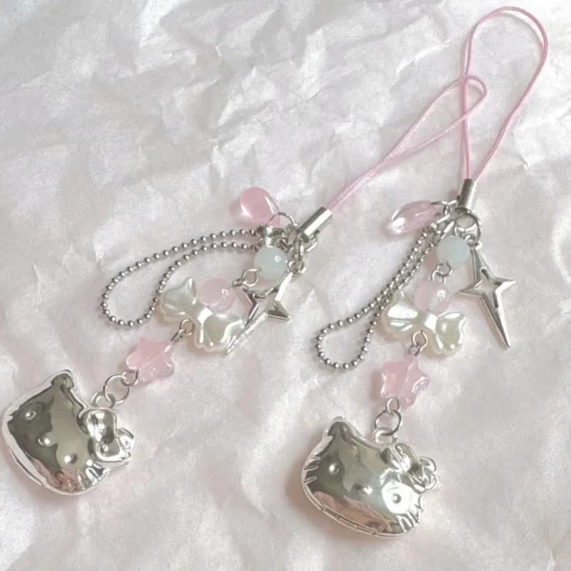 Bonito HelloKitty Bow Star Frisado Telefone Corrente Bolsa Pingente Cordão Decoração Amigo