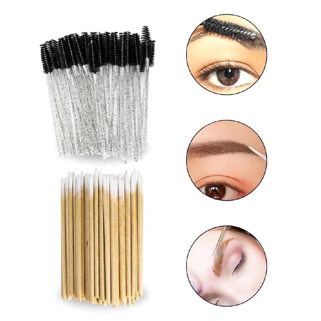 Kit 50 Pincel Escova + 100 Palito Algodão Sobrancelha Unhas Design de Sobrancelha Salão Studio Henna
