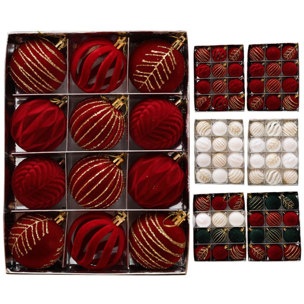12pçs Bolas De Natal De Veludo , Enfeites De Árvore Flocados Entrega Para Decoração De Feriado