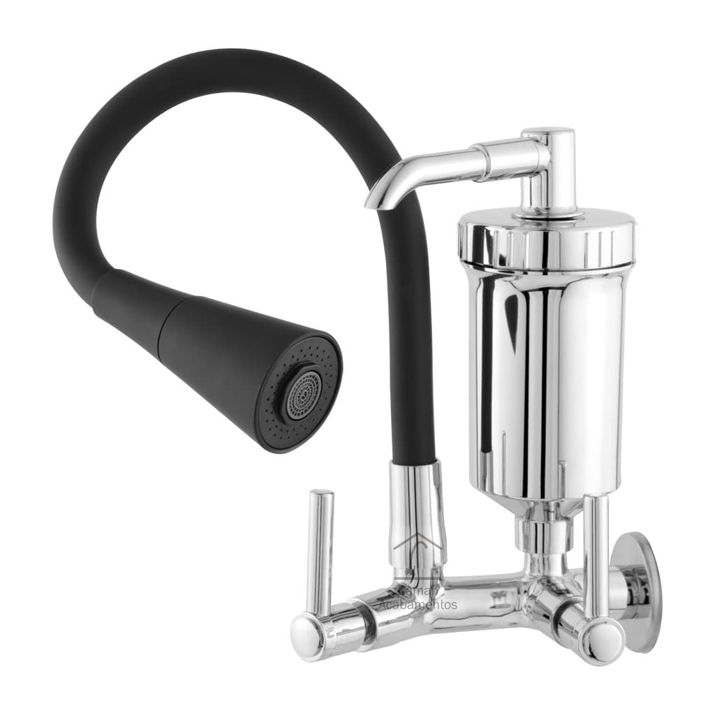 Torneira Cozinha Parede C Filtro Metal Flexível Preta Chuveirinho