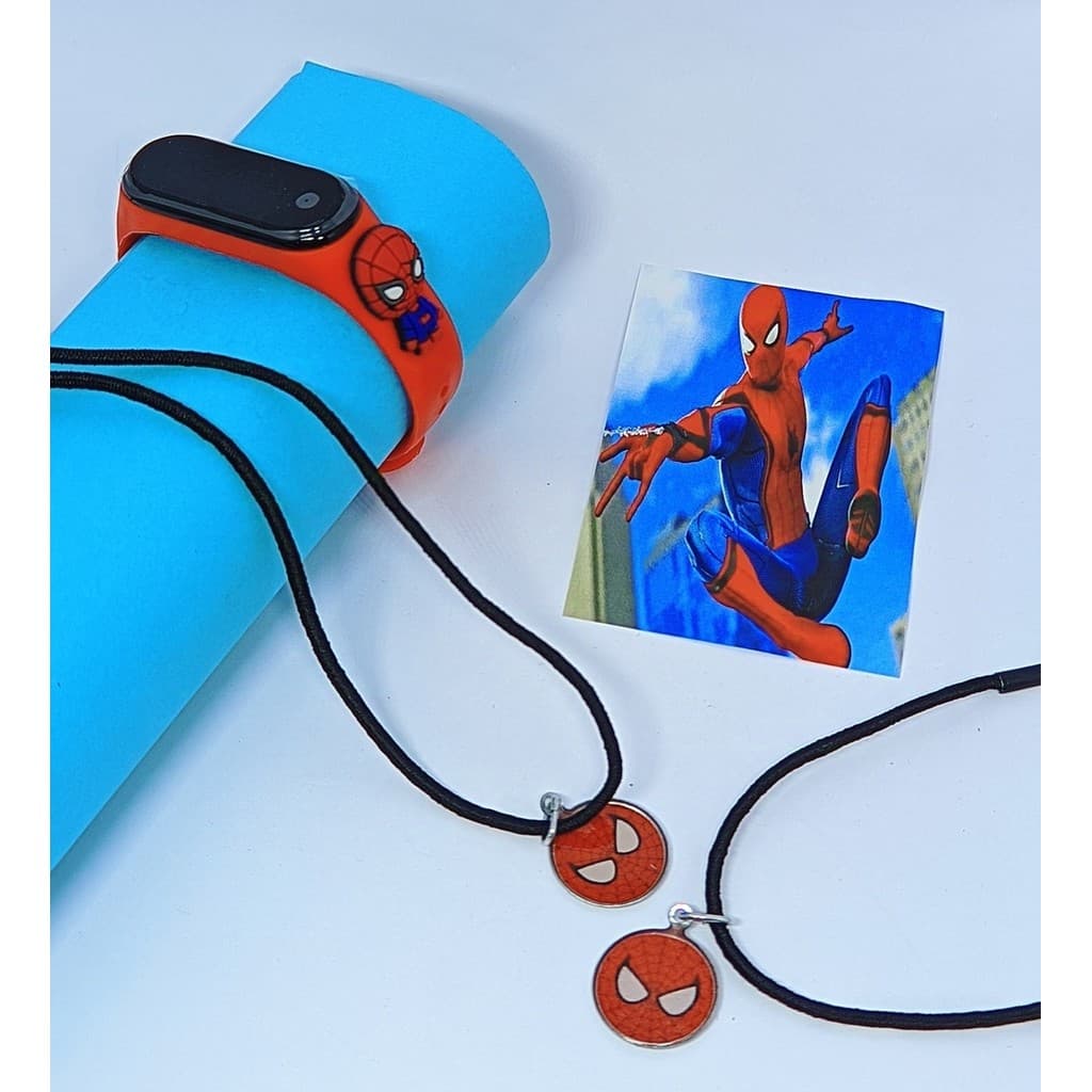 Kit Relógio Infantil Digital Led Bracelete Silicone 3D Super Heróis Disney Homem aranha + Colares Amizade Best Friends