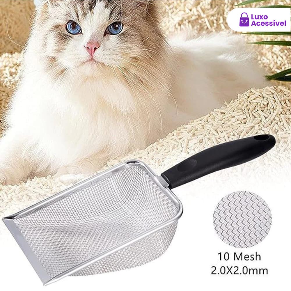 Pá para Areia de Gatos com Peneira Coletora em Aço Inoxidável Resistente e Durável
