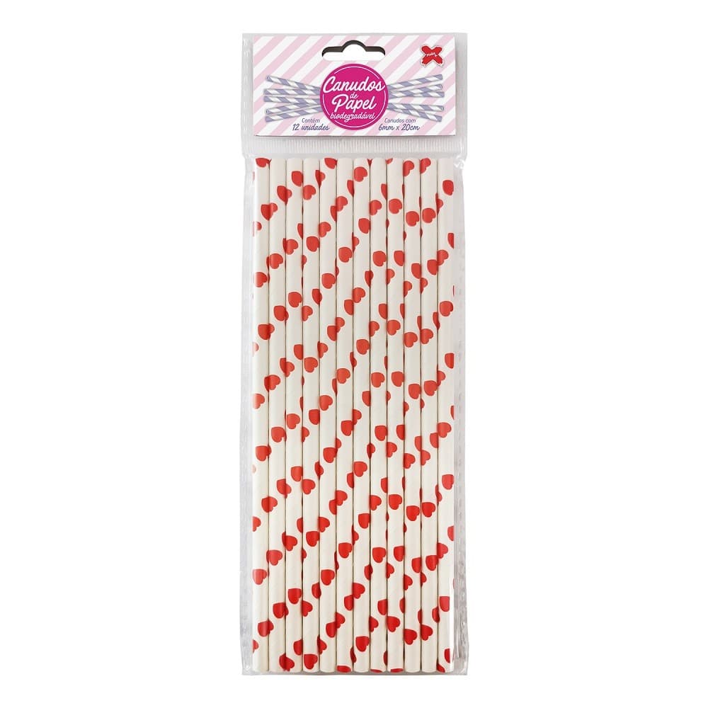Canudo de Papel Branco com Coração Vermelho 6mmx200mm - 4362 - 12 unidades