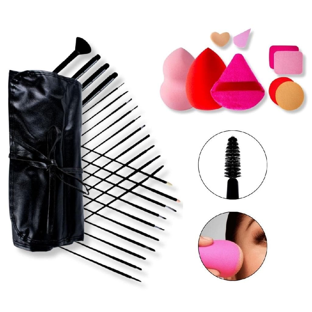 Kit Estojo 24 Pincéis + 9 Esponjas Rosto Maquiagem Makeup Boca Olho Pele Contorno Blush Delineado