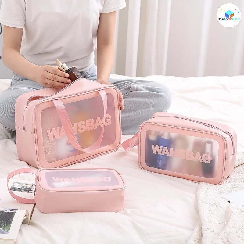 Kit 3 Necessaire Maquiagem Feminina Transparente WashBag a Prova de Água