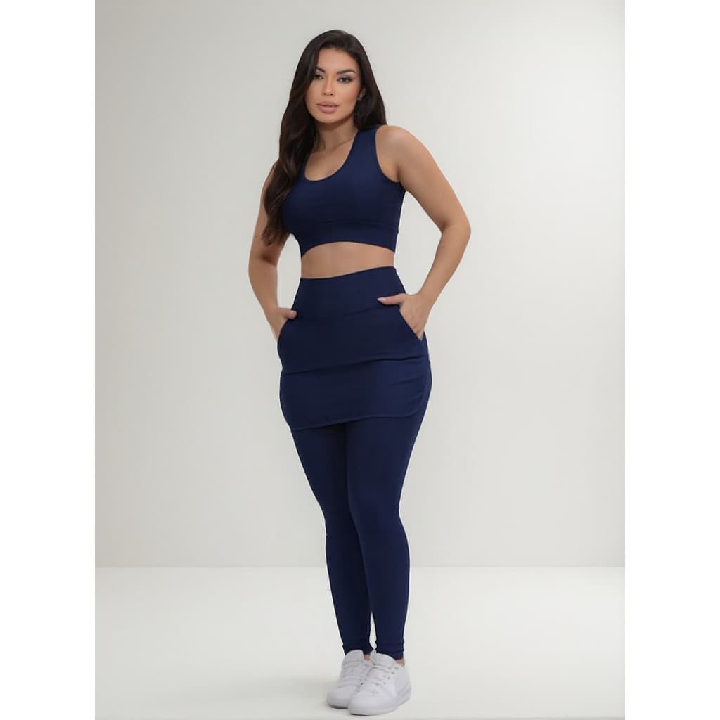 Calça Legging Saia Conjunto Com Top E Bolsos Feminino