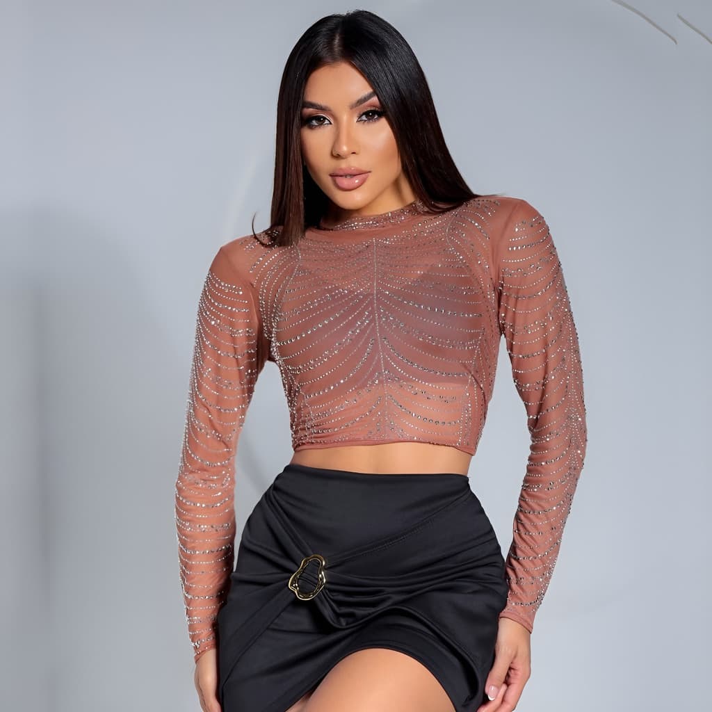 Blusa Cropped Feminino Tule Manga Longa Pedrarias Moda Luxo