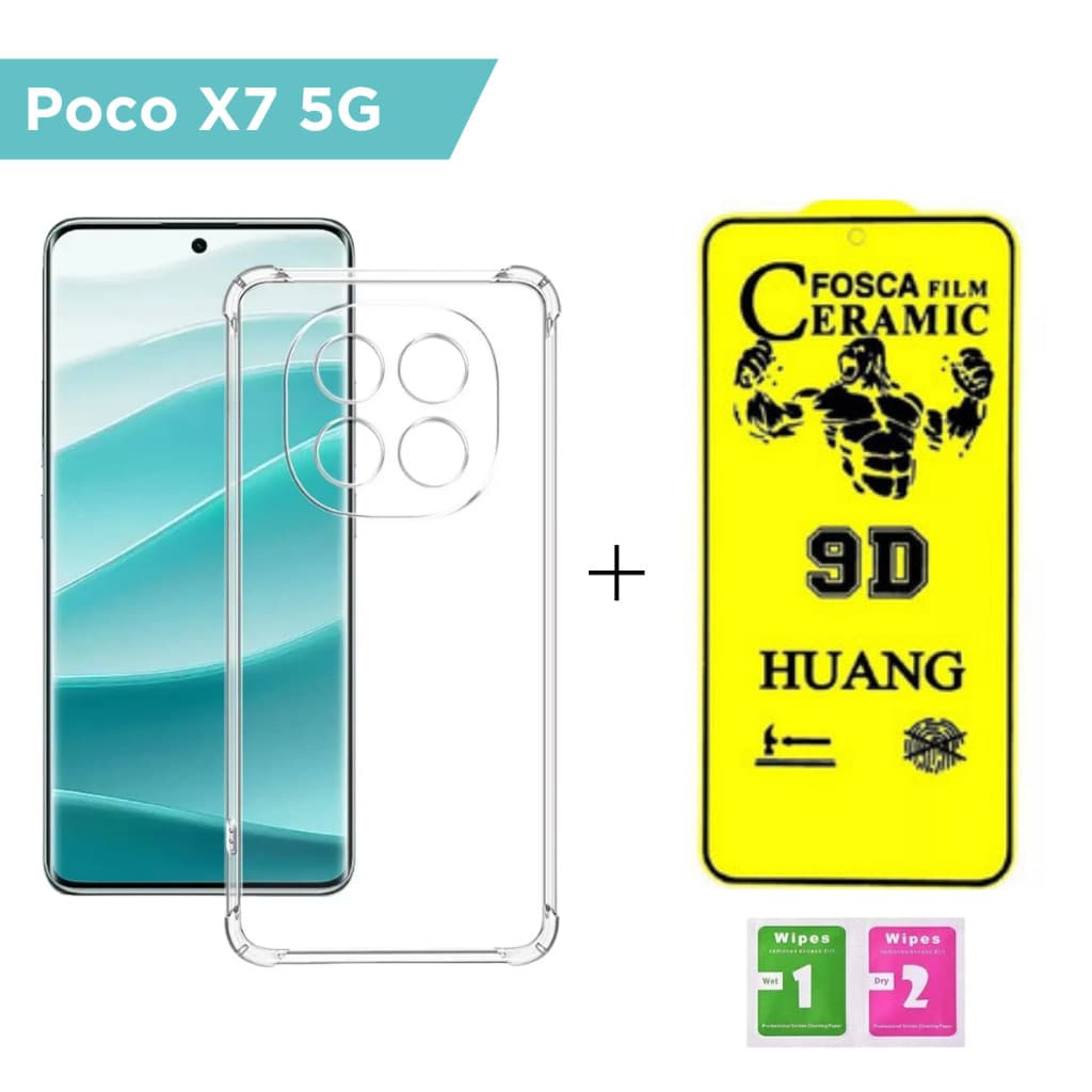 Kit Capa Capinha Case Anti-Shock Transparente E Película Cerâmica Fosca p/ Xiaomi Poco X7 5G
