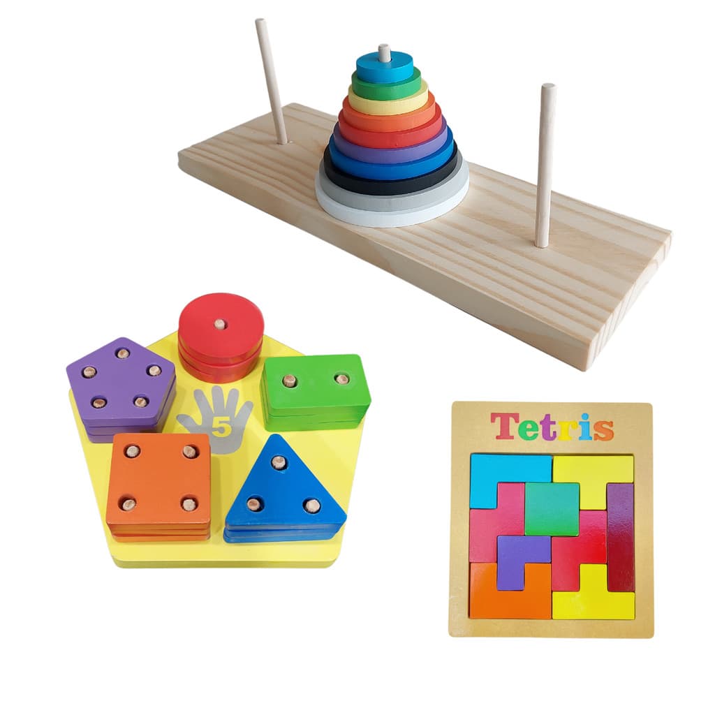 Kit Jogos de Encaixe, Torre de Hanói, Tetris 9 peças e  Prancha de Seleção Pentágono