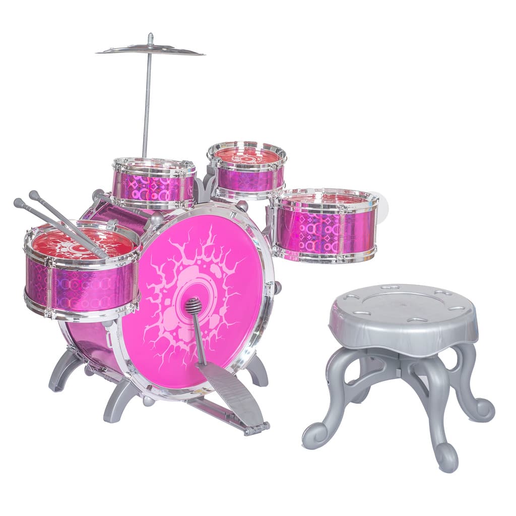 Bateria Infantil Rock Completa Com Banquinho E Baquetas Prato Tambor Meninos e Meninas Rosa