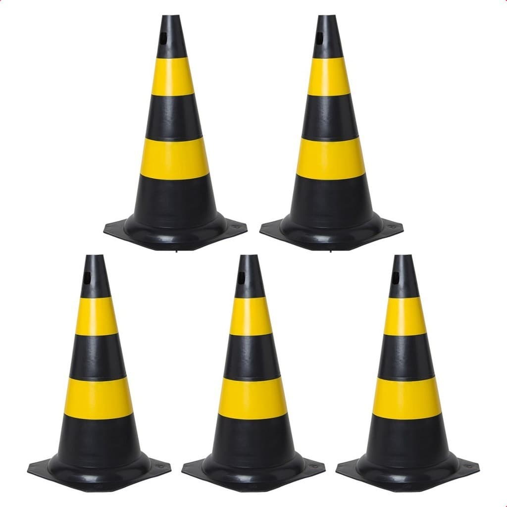Kit 5 Cone De Sinalização Rígido 50cm Preto Amarelo Para Estacionamento Trânsito Obra Segurança