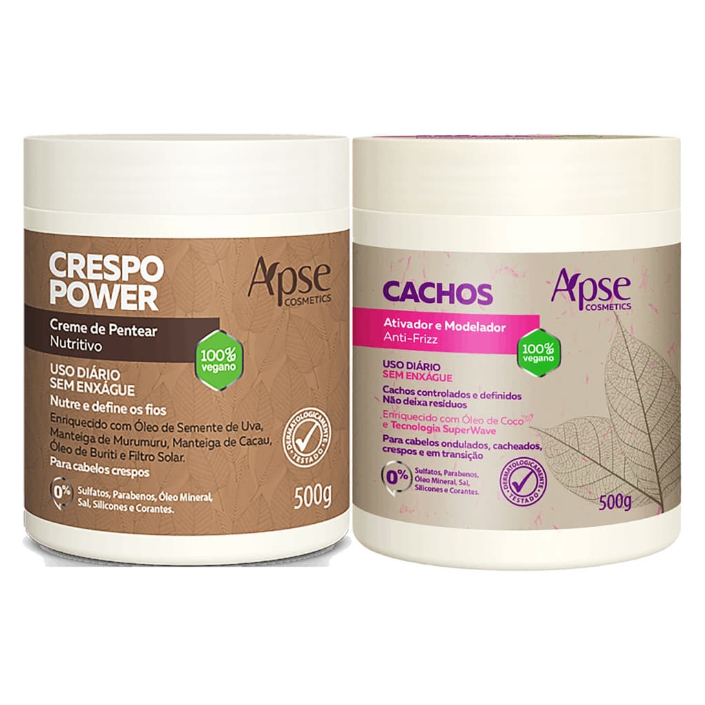 Kit Apse Cachos Ativador 500g +Creme Pentear Crespo 500g Cachos definidos hidratados livres de frizz