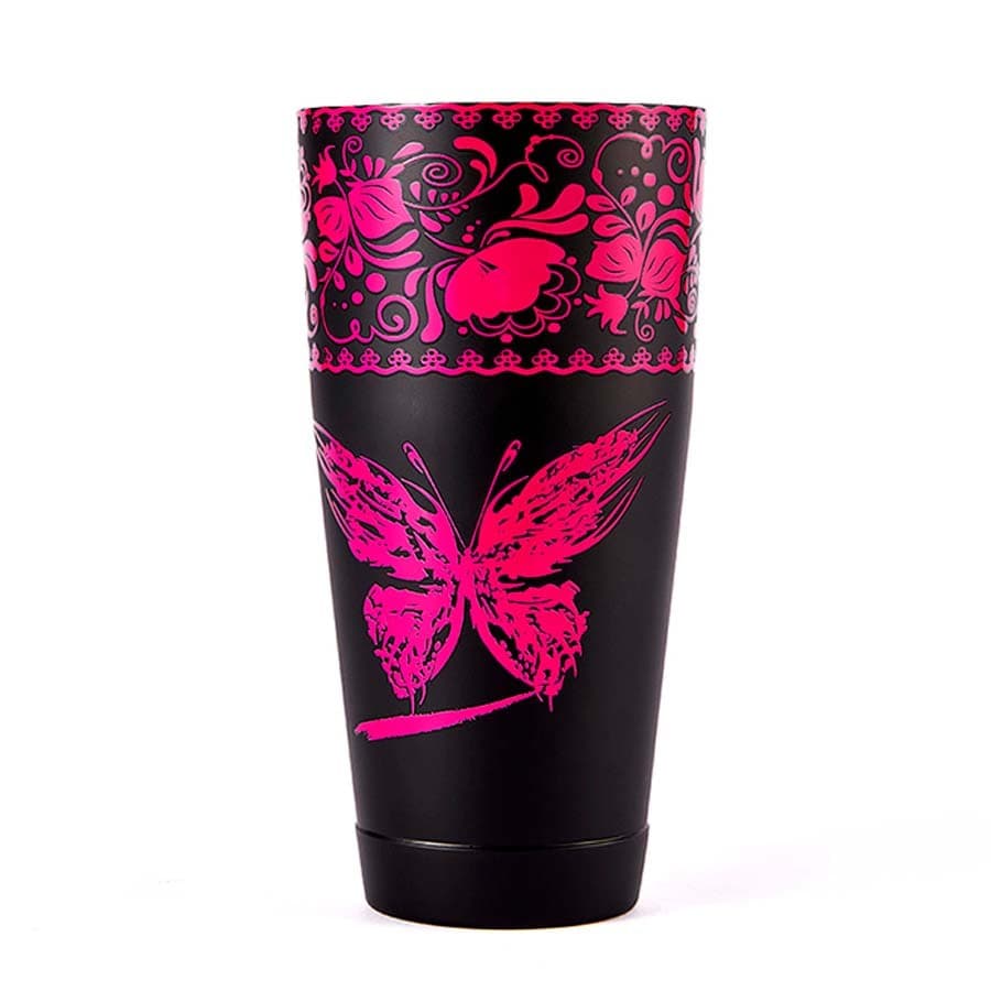 Coqueteleira Boston Copo Maior 28oz em Inox de Borboleta Rosa