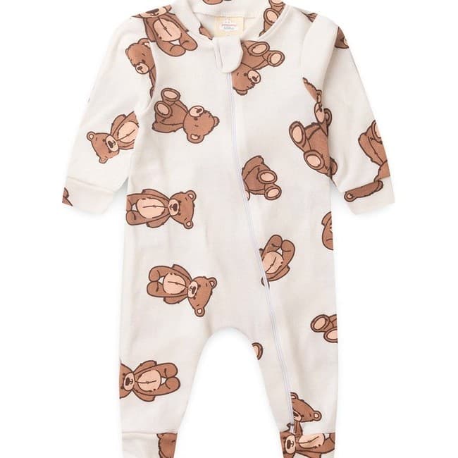 Macacão Bebê Suedine Creme Urso