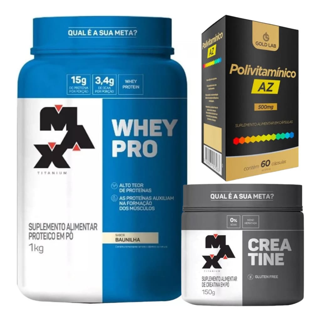 Combo Whey Pro 1kg + Creatina 150g Max Titanium + Polivitaminico