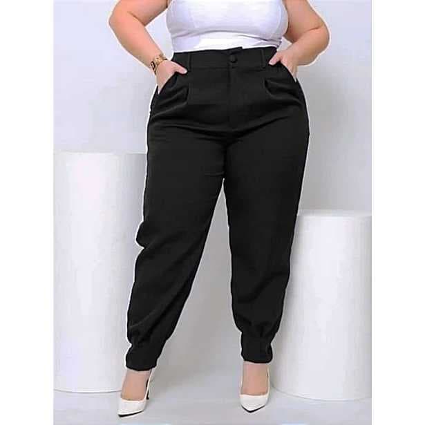 Calça Plus size Alfaiataria Cenoura Feminina Cintura Alta Elegante Barra Plissada