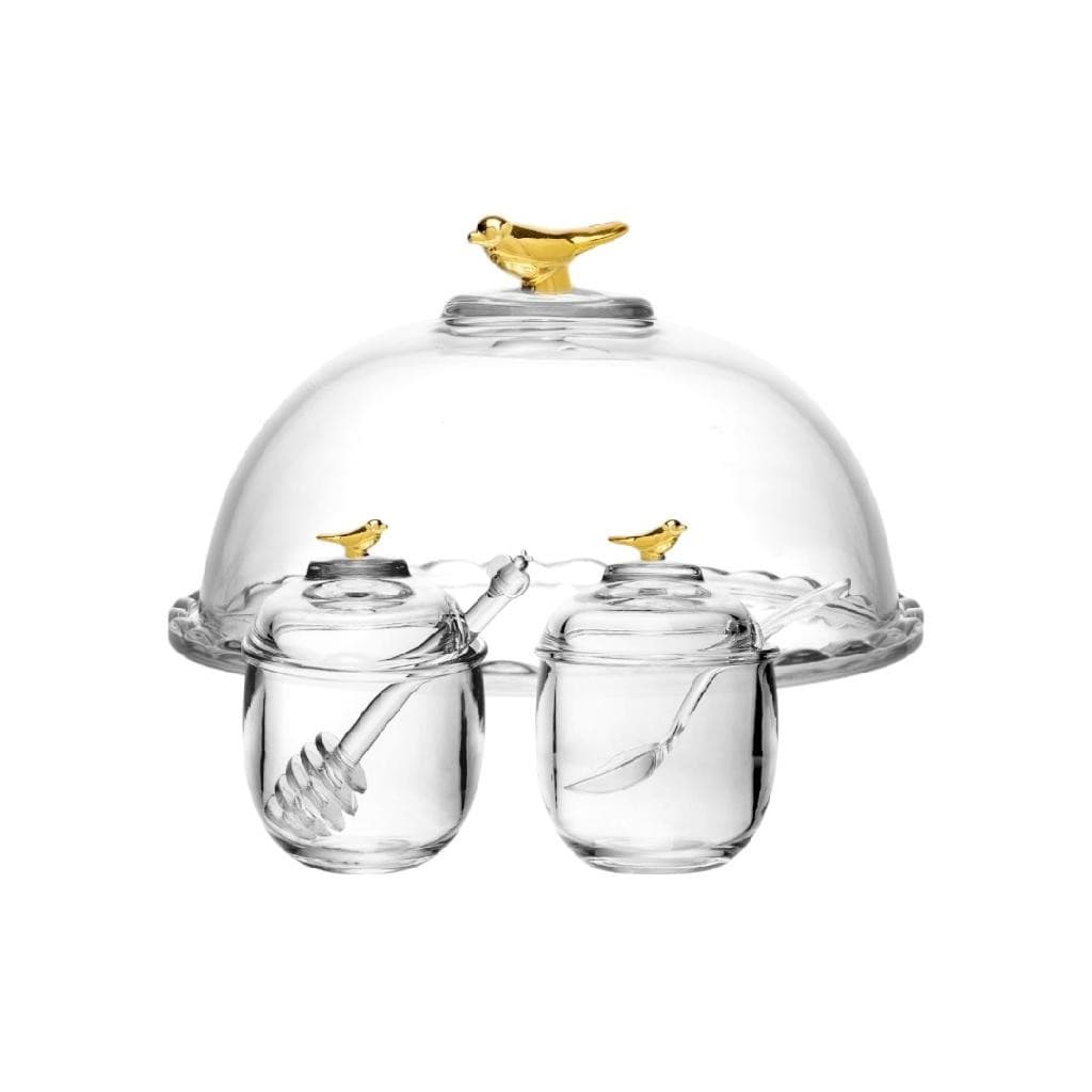 Kit Café Da Manha Meleira Açucareiro Queijeira Cristal Transparente Tampa Bird Dourada Decoração
