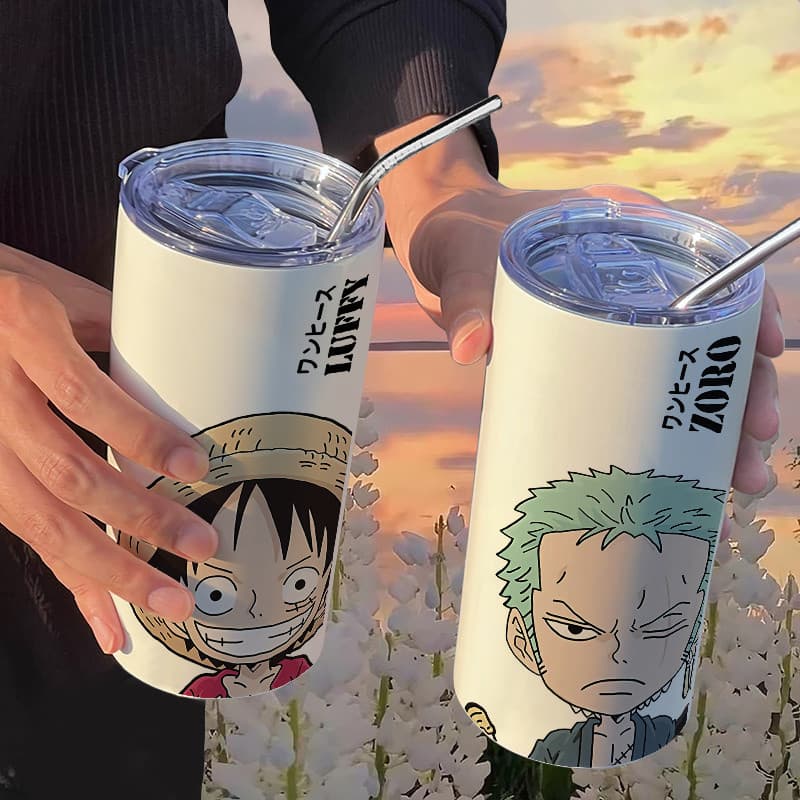 Copo térmico One Piece Zoro com canudo, casual, Roronoa Zoro, copo de café portátil de aço inoxidável, copo térmico com