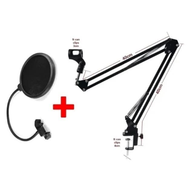 Braço Articulado para Microfone + Pop Filter Anti Puff para Estúdio, Haste Flexível e Membrana Dupla