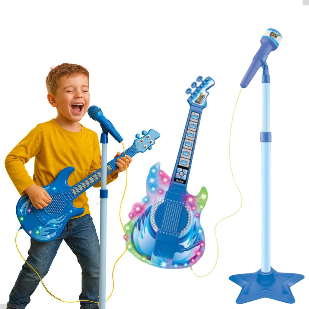 Guitarra Microfone Infantil Com Som E Luz Pedestal Conecta Celular com Cabo P2 Brinquedos Meninos