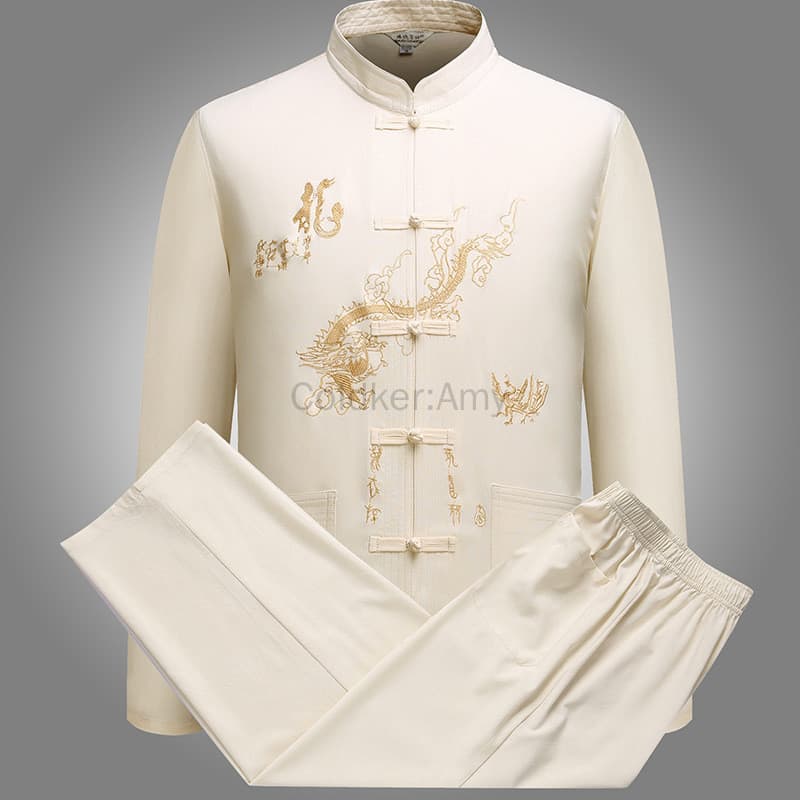 Conjuntos De Terno Tang Masculino Tradicional Chinês Manga Longa Calças Compridas Dragão Kung Fu Bordado Camisa De Wu Sh