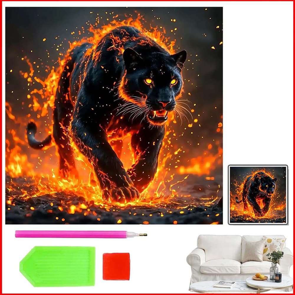 Pintura de Diamante 5D Tema Pantera Negra 30x30cm – Quadrado Diamante, Ponto de Lona, Caneta e Bandeja Inclusos