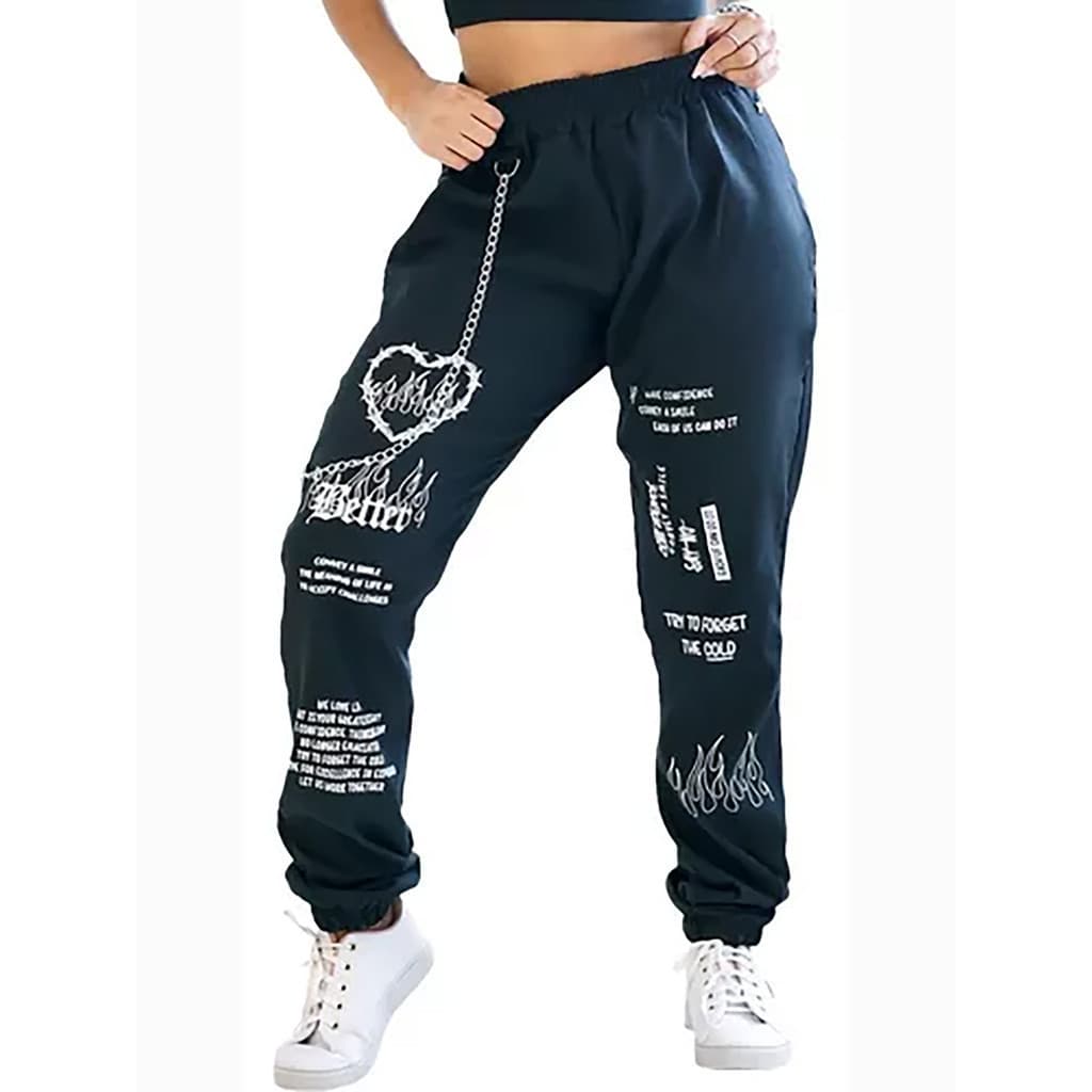 Calça Jogger Tactel Feminina Gringa Com Corrente Estampada Coração
